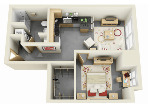 Floor plan for 1 bed, 1 bath, 615 sqft